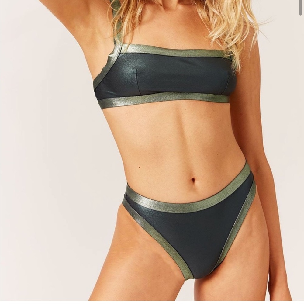 Solid & Striped Metallic Bikini Set Green Size M